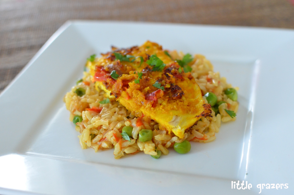 Marinated Fried Tilapia with Tomato and Pea Brown Rice